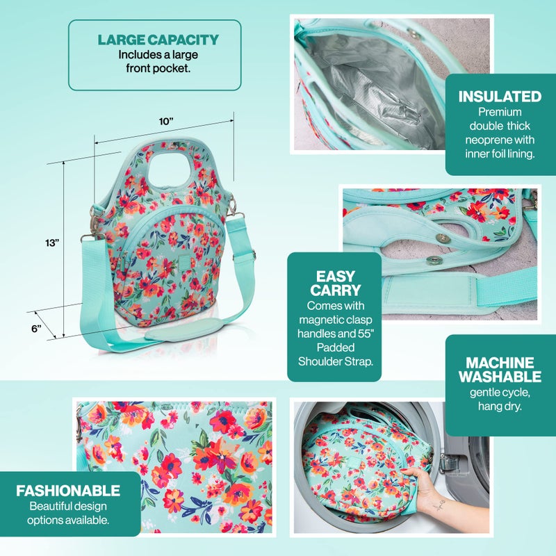 Made Easy Kit Large Insulated Lunch Tote Bag â€“ Stylish Neoprene Carrier Foil Lining, Front Zipper Pocket & Shoulder Strap â€“ Machine Washable, Lightweight, Travel Ready (Teal Floral) - Image 3