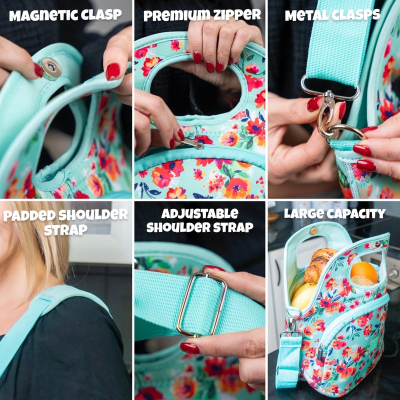 Made Easy Kit Large Insulated Lunch Tote Bag â€“ Stylish Neoprene Carrier Foil Lining, Front Zipper Pocket & Shoulder Strap â€“ Machine Washable, Lightweight, Travel Ready (Teal Floral) - Image 4