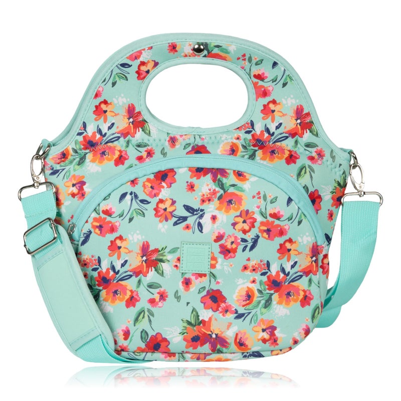 Made Easy Kit Large Insulated Lunch Tote Bag â€“ Stylish Neoprene Carrier Foil Lining, Front Zipper Pocket & Shoulder Strap â€“ Machine Washable, Lightweight, Travel Ready (Teal Floral) - Image 1