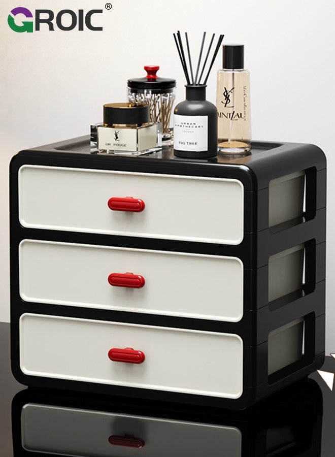 GROIC Desk Storage Box, Plastic Office Stationery Supplies Organizers, Makeup Organizer, 3-Tier 3-Compartment Retro-Style Storage Drawer, Ideal for Vanity, Bathroom,Cabinet,Desk Organization - Image 1