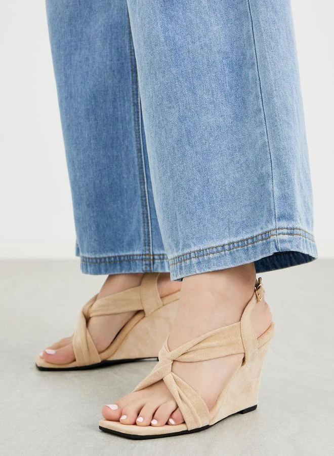 Styli Criss Cross Strap Velvet Wedge Heel Sandals