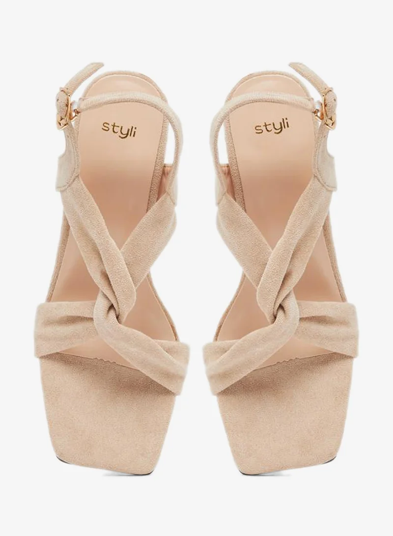 Styli Criss Cross Strap Velvet Wedge Heel Sandals