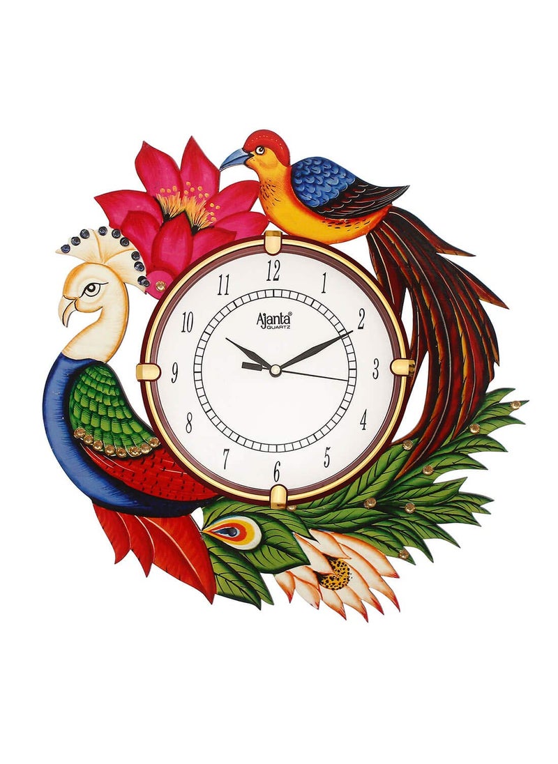 CIRCADIAN - CIRCADIAN Ajanta Wooden Analog Wall Clock Design for Home Hall Living Room Decor Office Kids Bedroom Stylish Ethnic Antique Decorative Multi Colour Peacock 33 x 33 cm Pack of 1 - Image 1