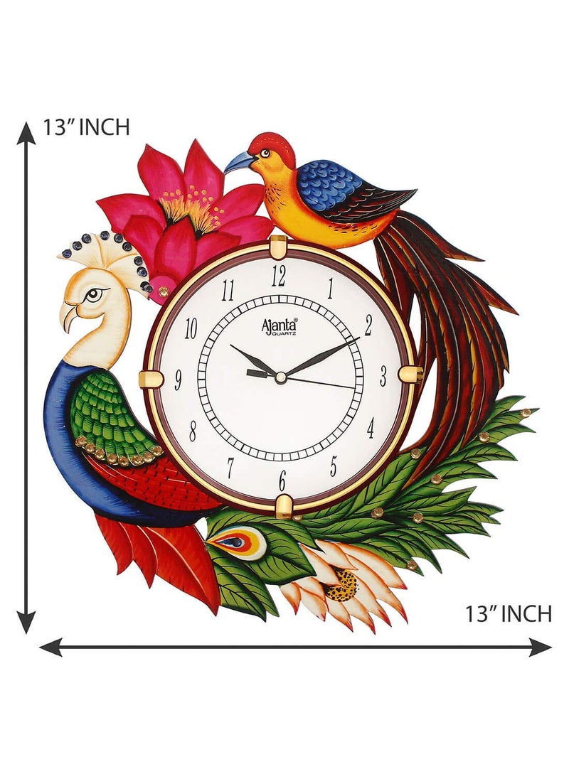 CIRCADIAN - CIRCADIAN Ajanta Wooden Analog Wall Clock Design for Home Hall Living Room Decor Office Kids Bedroom Stylish Ethnic Antique Decorative Multi Colour Peacock 33 x 33 cm Pack of 1 - Image 1