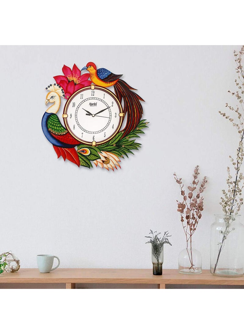 CIRCADIAN - CIRCADIAN Ajanta Wooden Analog Wall Clock Design for Home Hall Living Room Decor Office Kids Bedroom Stylish Ethnic Antique Decorative Multi Colour Peacock 33 x 33 cm Pack of 1 - Image 1