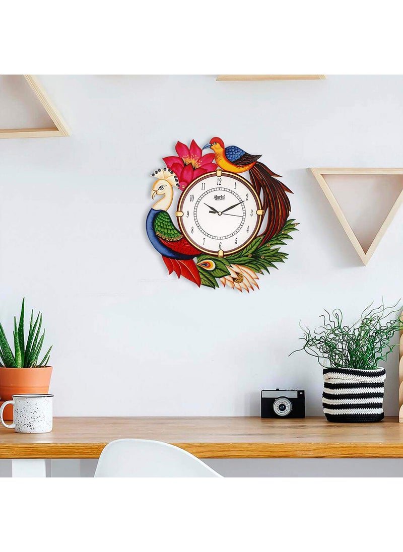 CIRCADIAN - CIRCADIAN Ajanta Wooden Analog Wall Clock Design for Home Hall Living Room Decor Office Kids Bedroom Stylish Ethnic Antique Decorative Multi Colour Peacock 33 x 33 cm Pack of 1 - Image 1