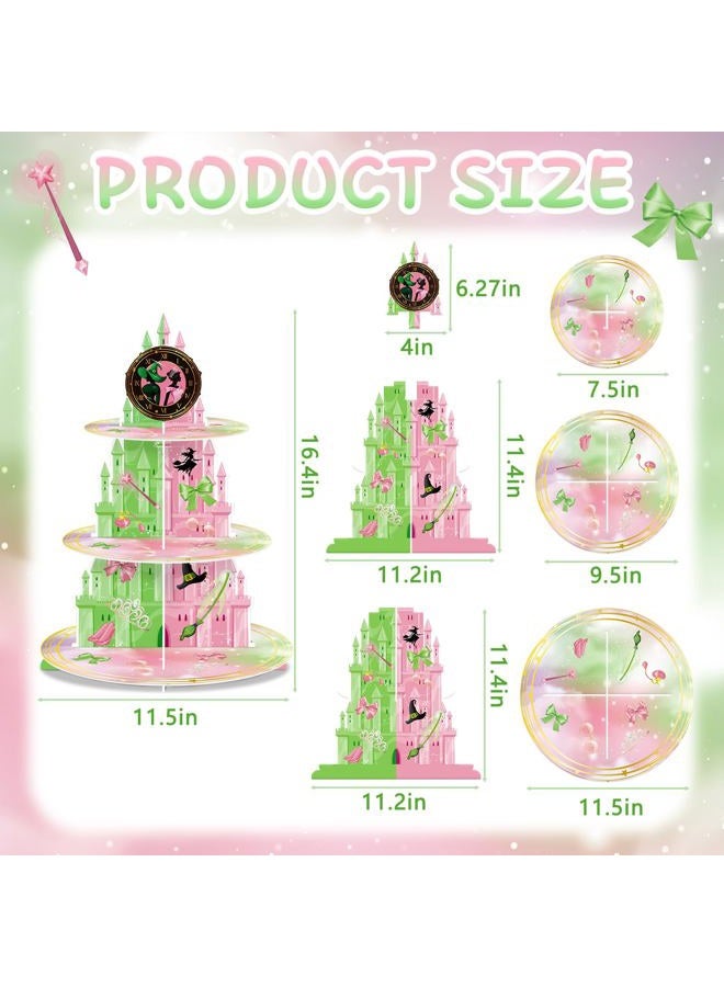 KALEFO 3 Tier Pink and Green Witch Theme Cupcake Stand Elegant Princess Witch Theme Dessert Display for Halloween Girl Birthday Baby Shower Party Decor Table Decoration - Image 2