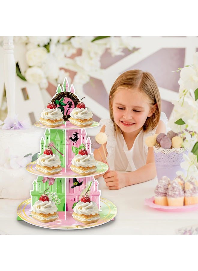 KALEFO 3 Tier Pink and Green Witch Theme Cupcake Stand Elegant Princess Witch Theme Dessert Display for Halloween Girl Birthday Baby Shower Party Decor Table Decoration - Image 4