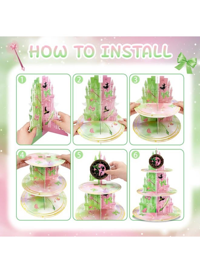 KALEFO 3 Tier Pink and Green Witch Theme Cupcake Stand Elegant Princess Witch Theme Dessert Display for Halloween Girl Birthday Baby Shower Party Decor Table Decoration - Image 5