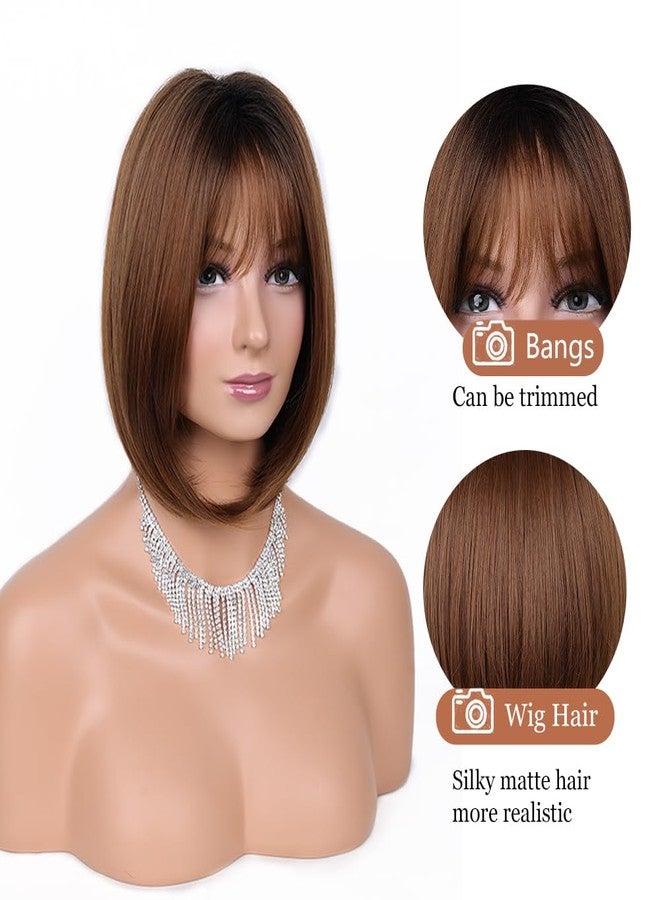 VIIYEESS باروكة شعر بني بوب للنساء من فيييس، باروكة شعر بني مختلط، شعر مستعار أملس ذو طبقات مع غرة، طول يصل إلى الكتفين، شعر مستعار قصير طبيعي صناعي، مناسب للاستخدام اليومي والحفلات - Image 2