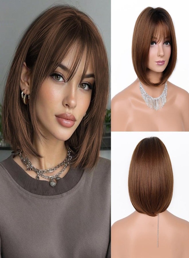 VIIYEESS باروكة شعر بني بوب للنساء من فيييس، باروكة شعر بني مختلط، شعر مستعار أملس ذو طبقات مع غرة، طول يصل إلى الكتفين، شعر مستعار قصير طبيعي صناعي، مناسب للاستخدام اليومي والحفلات - Image 1