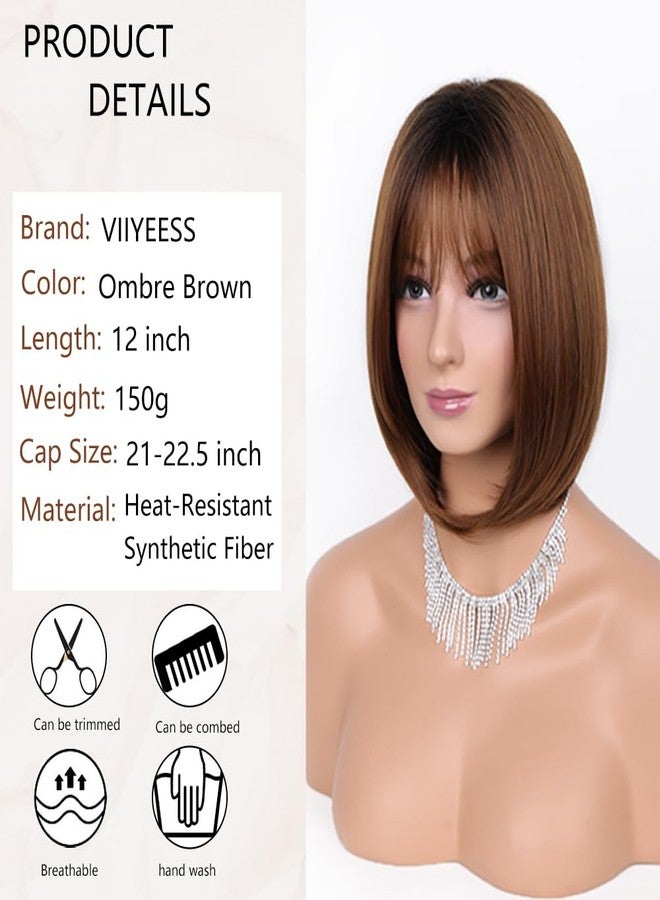 VIIYEESS باروكة شعر بني بوب للنساء من فيييس، باروكة شعر بني مختلط، شعر مستعار أملس ذو طبقات مع غرة، طول يصل إلى الكتفين، شعر مستعار قصير طبيعي صناعي، مناسب للاستخدام اليومي والحفلات - Image 3
