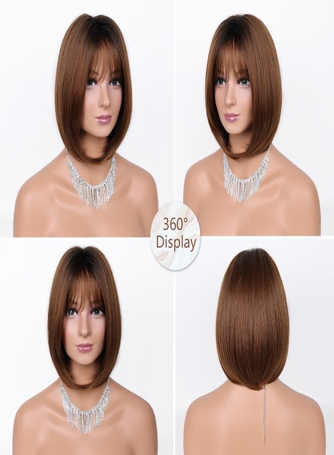 VIIYEESS باروكة شعر بني بوب للنساء من فيييس، باروكة شعر بني مختلط، شعر مستعار أملس ذو طبقات مع غرة، طول يصل إلى الكتفين، شعر مستعار قصير طبيعي صناعي، مناسب للاستخدام اليومي والحفلات - Image 4