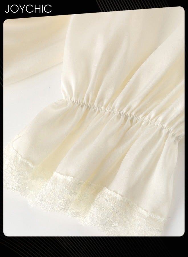 Joychic 2-piece of Sleepwear for Women Spring and Summer Autumn Ice Silk Mid-length Long-sleeved Sleep Robes+ Night Dress V-neck Breathable Nightgown White - Image 3