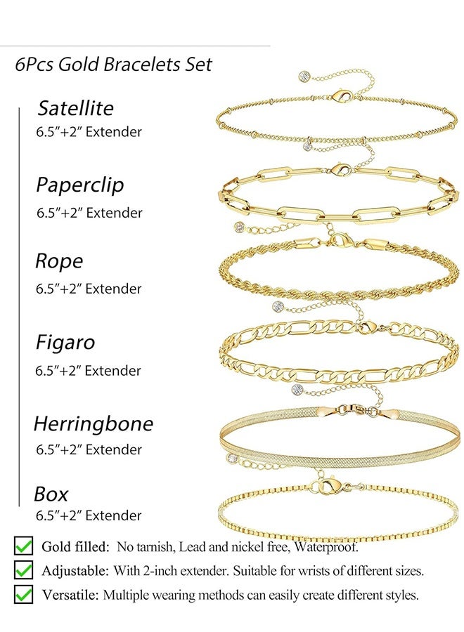 6-Piece Gold Bracelets for Women, 14K Waterproof Gold Jewelry Sets Trendy Thin Dainty Stackable Cuban Link Paperclip Chain Bracelet Pack Fashion Accessories Gifts for Womens - Image 5