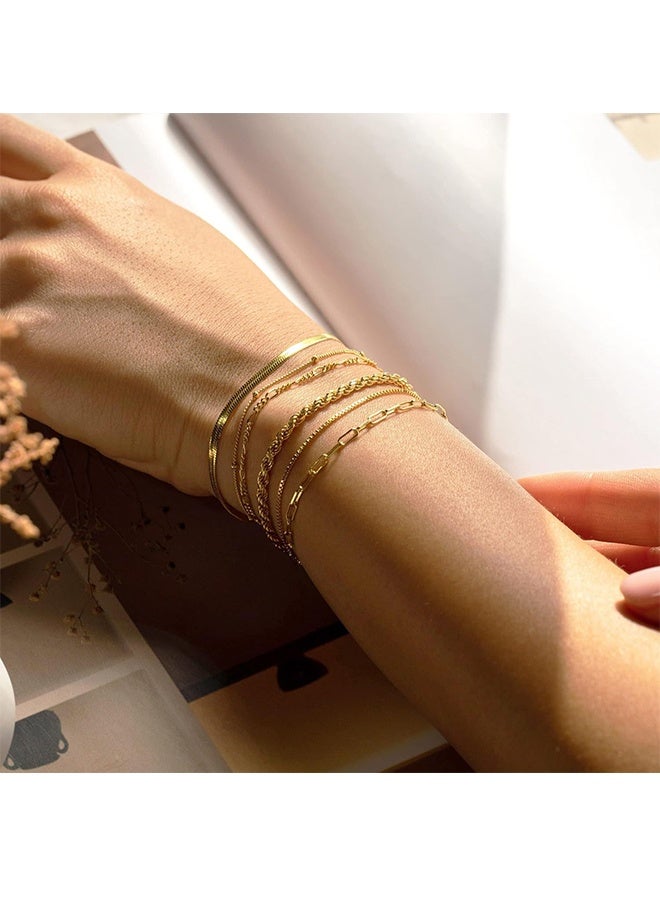6-Piece Gold Bracelets for Women, 14K Waterproof Gold Jewelry Sets Trendy Thin Dainty Stackable Cuban Link Paperclip Chain Bracelet Pack Fashion Accessories Gifts for Womens - Image 2