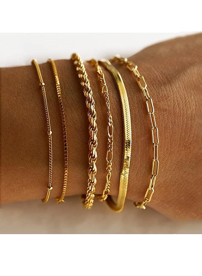 6-Piece Gold Bracelets for Women, 14K Waterproof Gold Jewelry Sets Trendy Thin Dainty Stackable Cuban Link Paperclip Chain Bracelet Pack Fashion Accessories Gifts for Womens - Image 1