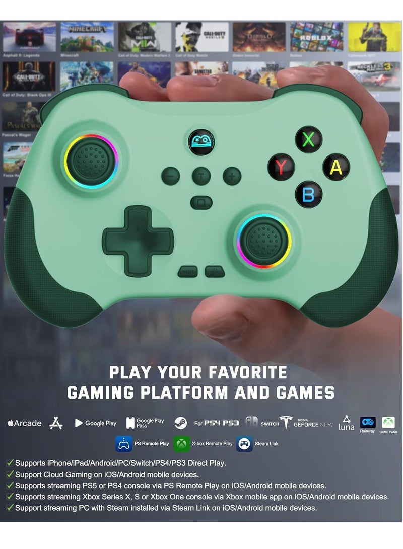 وحدة تحكم ألعاب متنقلة لأجهزة iPad/iPhone/Tablet، جهاز تحكم سحابي عن بعد لجهاز التحكم على iOS/Android، وحدة تحكم لاسلكية لـ Switch مع أزرار ماكرو/عصا تحكم هول/زناد هول/اهتزاز مزدوج (أخضر) - Image 2