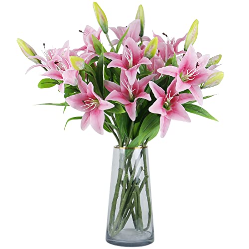 77CM LONG STEM Pink Artificial Lilies Flower Bouquet Fake Tiger Lily Home Office Garden Wedding Party Decoration WITHOUT VASE