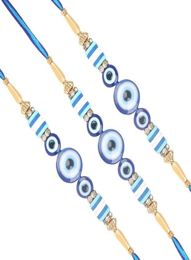 Bindian راخي العين الشريرة المصنوعة يدويًا للأخ (مجموعة من 3) - خيط راكشا باندان الفاخر مع خرز أزرق وحلية حماية نازار - راخي لبهايا وبهابي والأخوة - مجموعة راخي للمهرجانات الهندية - Image 1