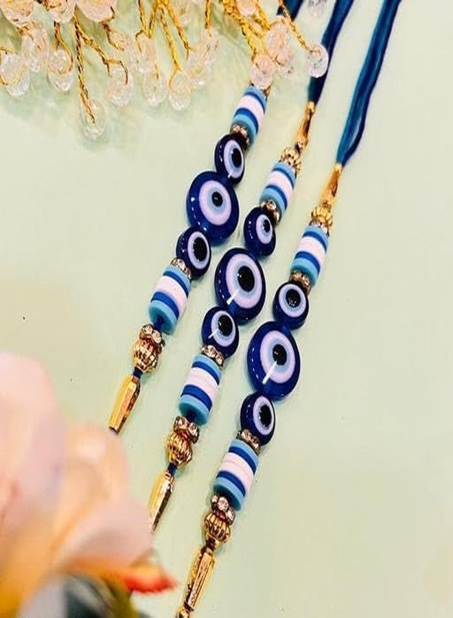 Bindian راخي العين الشريرة المصنوعة يدويًا للأخ (مجموعة من 3) - خيط راكشا باندان الفاخر مع خرز أزرق وحلية حماية نازار - راخي لبهايا وبهابي والأخوة - مجموعة راخي للمهرجانات الهندية - Image 3