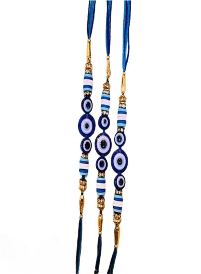 Bindian راخي العين الشريرة المصنوعة يدويًا للأخ (مجموعة من 3) - خيط راكشا باندان الفاخر مع خرز أزرق وحلية حماية نازار - راخي لبهايا وبهابي والأخوة - مجموعة راخي للمهرجانات الهندية - Image 5