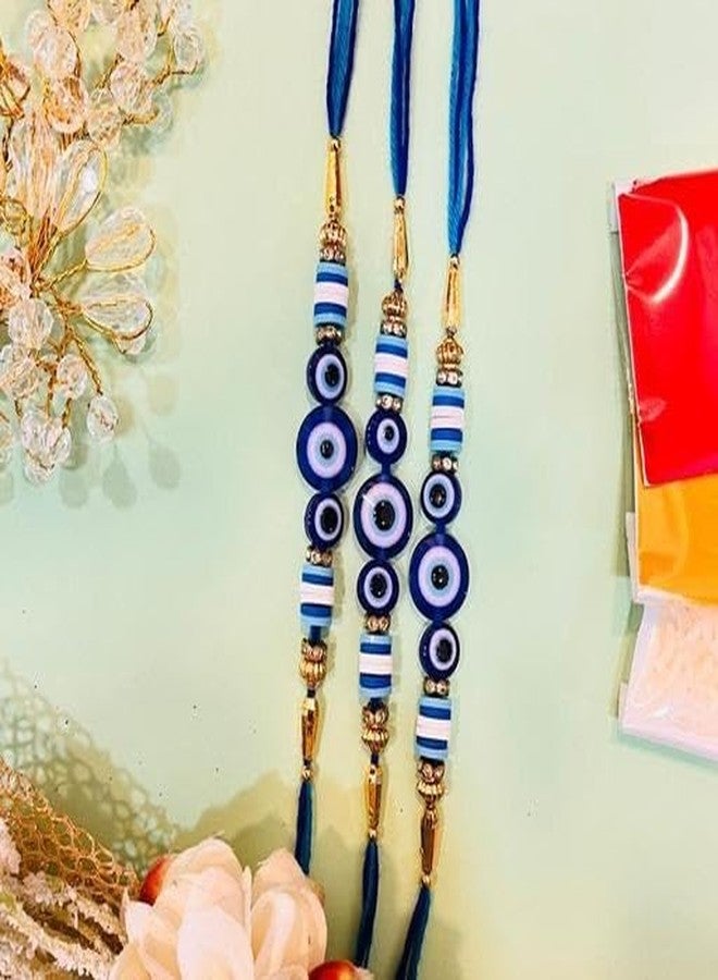 Bindian راخي العين الشريرة المصنوعة يدويًا للأخ (مجموعة من 3) - خيط راكشا باندان الفاخر مع خرز أزرق وحلية حماية نازار - راخي لبهايا وبهابي والأخوة - مجموعة راخي للمهرجانات الهندية - Image 4