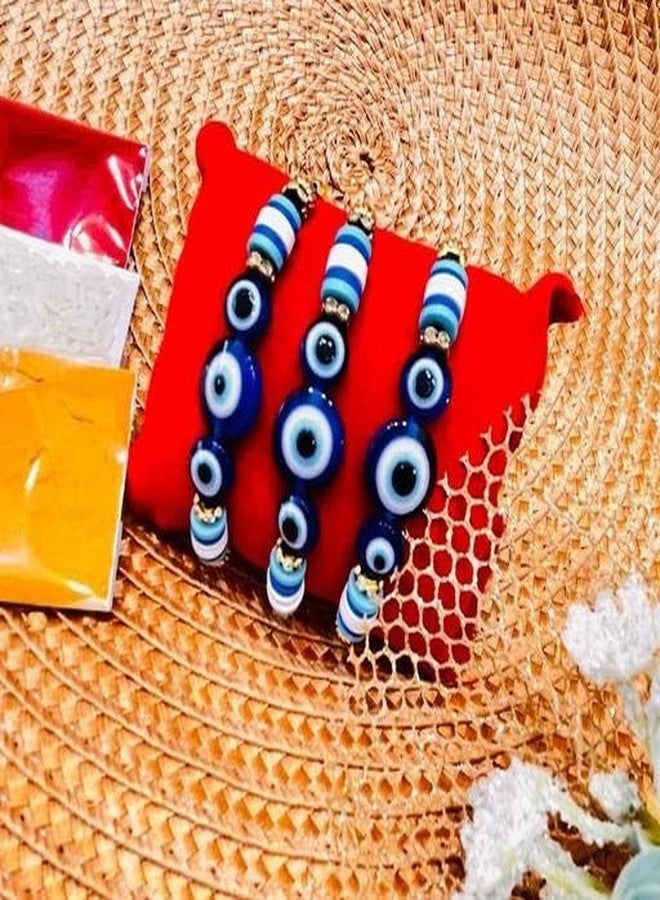 Bindian راخي العين الشريرة المصنوعة يدويًا للأخ (مجموعة من 3) - خيط راكشا باندان الفاخر مع خرز أزرق وحلية حماية نازار - راخي لبهايا وبهابي والأخوة - مجموعة راخي للمهرجانات الهندية - Image 2