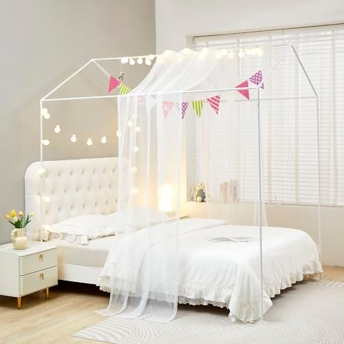 Mengersi House Bed Canopy Bed Curtains with Lights,Montessori Floor Bed Canopy for Girls Boys,Four Poster Bed Curtains House Bed Decoration (Twin/Twin XL, White) - Image 3