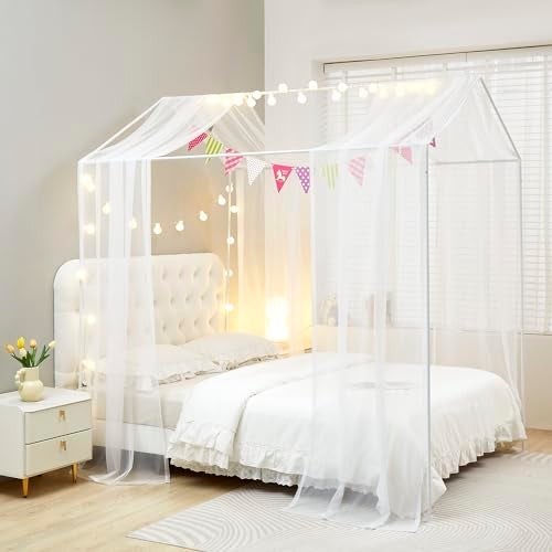 Mengersi House Bed Canopy Bed Curtains with Lights,Montessori Floor Bed Canopy for Girls Boys,Four Poster Bed Curtains House Bed Decoration (Twin/Twin XL, White) - Image 2