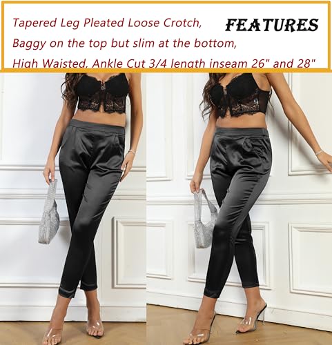 heipeiwa Women's Satin Pants Dress Casual Pleated Pull on High Waist Pants Baggy Front Tapered Trouser - Image 4