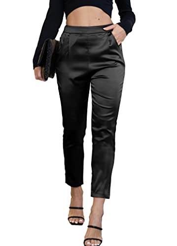 heipeiwa Women's Satin Pants Dress Casual Pleated Pull on High Waist Pants Baggy Front Tapered Trouser - Image 1