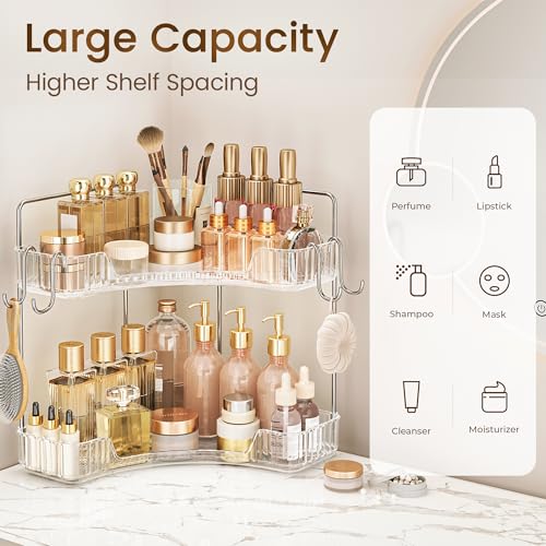 Kinkota Corner Bathroom Counter Organizer 2 Tier Bathroom Organizers and Storage Countertop with Hooks Skin Care Exquisite Vanity Organizer Countertop Bathroom Storage Dresser, Kitchen-Clear - Image 4