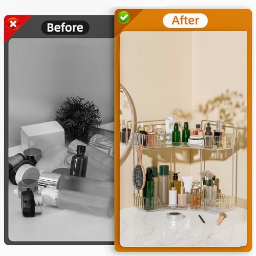 Kinkota Corner Bathroom Counter Organizer 2 Tier Bathroom Organizers and Storage Countertop with Hooks Skin Care Exquisite Vanity Organizer Countertop Bathroom Storage Dresser, Kitchen-Clear - Image 5