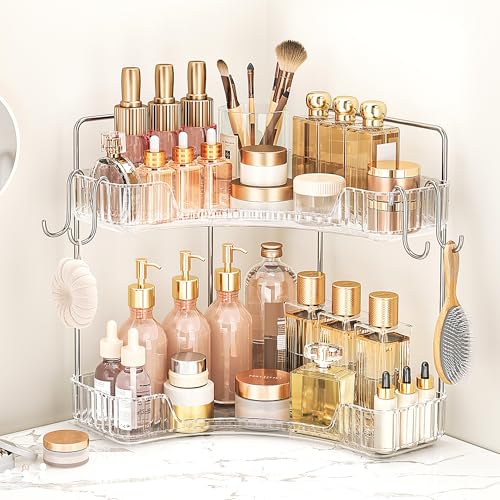 Kinkota Corner Bathroom Counter Organizer 2 Tier Bathroom Organizers and Storage Countertop with Hooks Skin Care Exquisite Vanity Organizer Countertop Bathroom Storage Dresser, Kitchen-Clear - Image 1