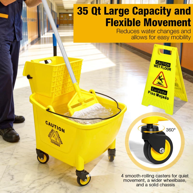 SOBONNE 35 Qt Commercial Mop Bucket with Side Press Wringer on Wheels,Heavy Duty Industrial Mop and Bucket Set for Floor Cleaning,Including 1 Wet Floor Caution Sign for Household,Business,Yellow - Image 3