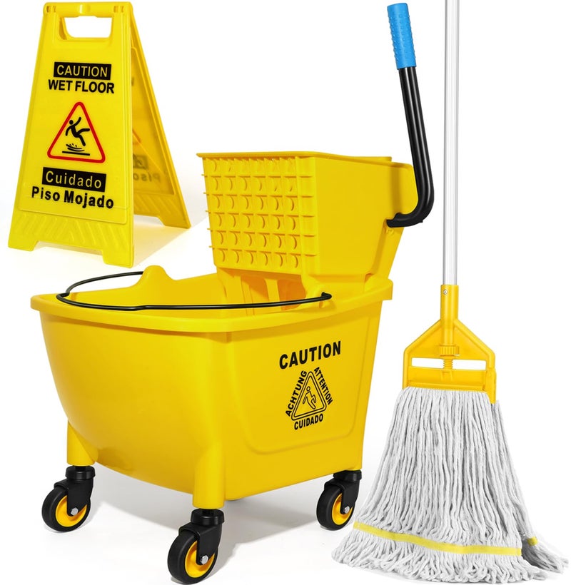 SOBONNE 35 Qt Commercial Mop Bucket with Side Press Wringer on Wheels,Heavy Duty Industrial Mop and Bucket Set for Floor Cleaning,Including 1 Wet Floor Caution Sign for Household,Business,Yellow - Image 1