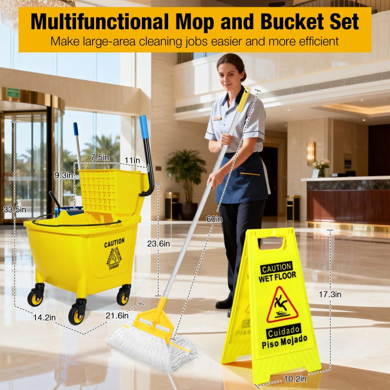 SOBONNE 35 Qt Commercial Mop Bucket with Side Press Wringer on Wheels,Heavy Duty Industrial Mop and Bucket Set for Floor Cleaning,Including 1 Wet Floor Caution Sign for Household,Business,Yellow - Image 2