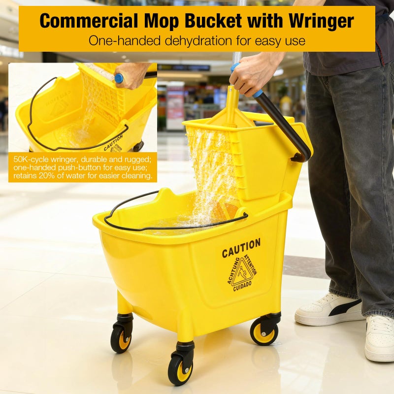 SOBONNE 35 Qt Commercial Mop Bucket with Side Press Wringer on Wheels,Heavy Duty Industrial Mop and Bucket Set for Floor Cleaning,Including 1 Wet Floor Caution Sign for Household,Business,Yellow - Image 4