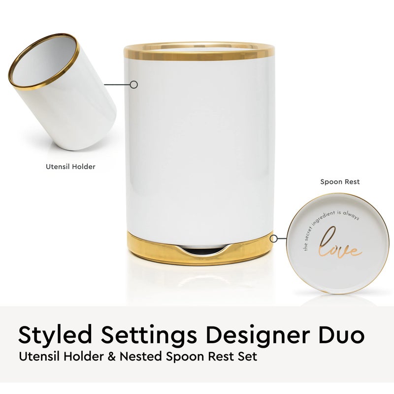 styled settings White Utensil Holder with Built-In Ceramic Spoon Rest - 2-Piece Luxe White and Gold Spatula Holder with Gold Spoon Rest for Countertop Organization - Stylish Kitchen Accessory, Utensils Not Included - Image 3
