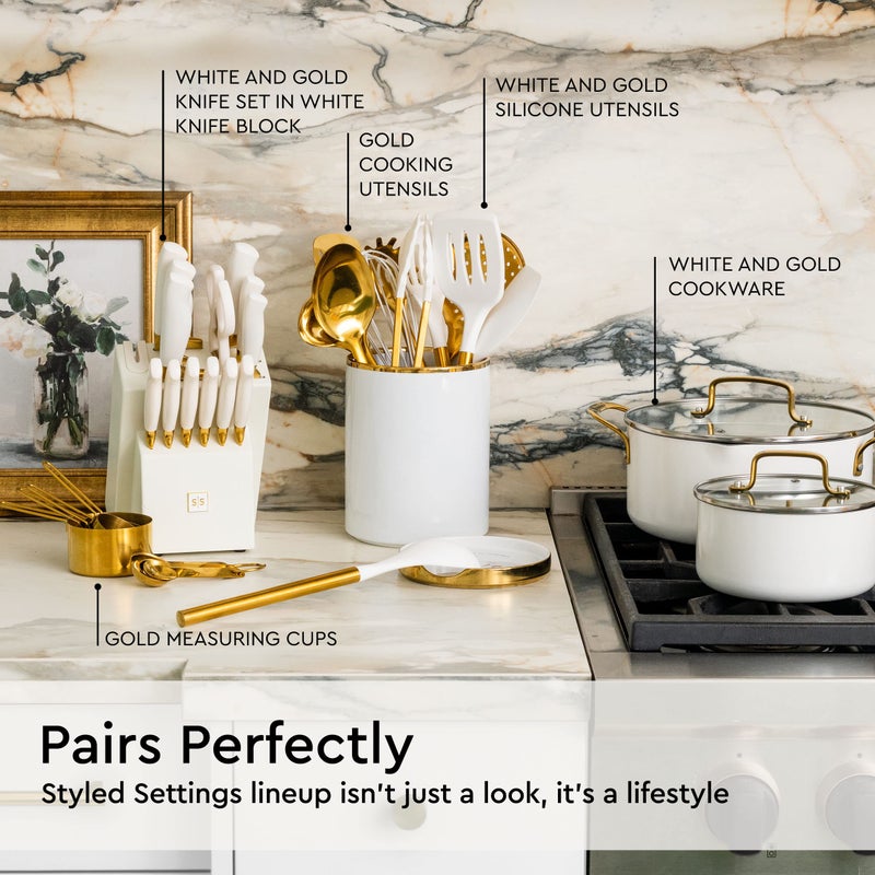 styled settings White Utensil Holder with Built-In Ceramic Spoon Rest - 2-Piece Luxe White and Gold Spatula Holder with Gold Spoon Rest for Countertop Organization - Stylish Kitchen Accessory, Utensils Not Included - Image 5