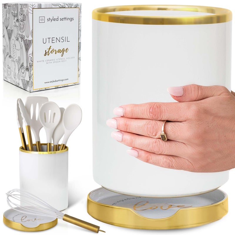 styled settings White Utensil Holder with Built-In Ceramic Spoon Rest - 2-Piece Luxe White and Gold Spatula Holder with Gold Spoon Rest for Countertop Organization - Stylish Kitchen Accessory, Utensils Not Included - Image 1