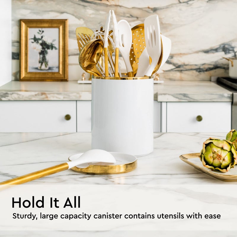 styled settings White Utensil Holder with Built-In Ceramic Spoon Rest - 2-Piece Luxe White and Gold Spatula Holder with Gold Spoon Rest for Countertop Organization - Stylish Kitchen Accessory, Utensils Not Included - Image 4