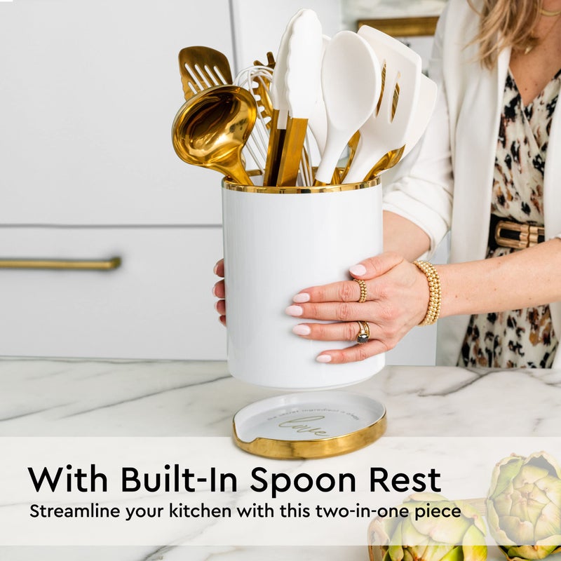 styled settings White Utensil Holder with Built-In Ceramic Spoon Rest - 2-Piece Luxe White and Gold Spatula Holder with Gold Spoon Rest for Countertop Organization - Stylish Kitchen Accessory, Utensils Not Included - Image 2
