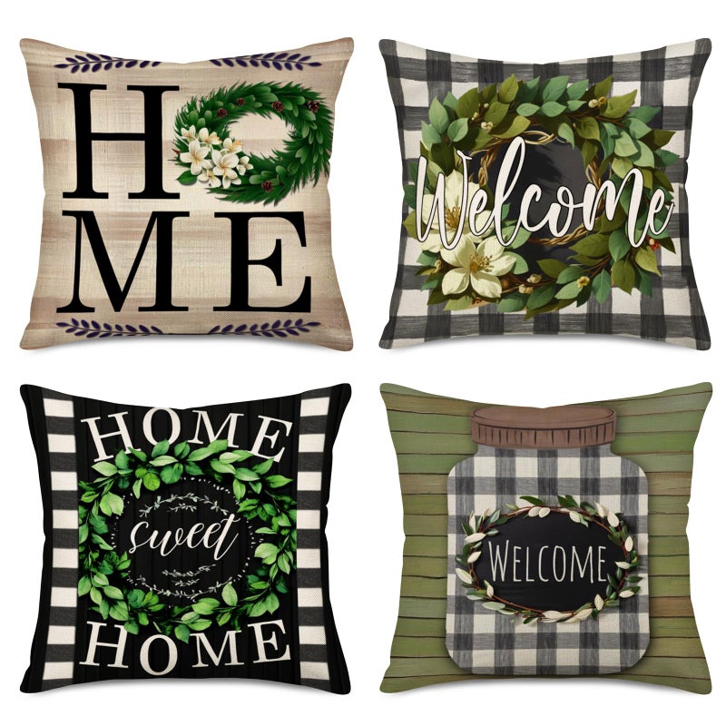 Fukeen Set of 4 Vintage Buffalo Check Plaids Pillow Covers Welcome Home Sweet Home Quote Wreath Rustic Farmhouse Decorative Throw Pillow Cases Cotton Linen Square 18x18 Inch Cushion Cover