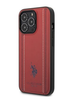 U.S.Polo iPhone 14 Case Pro PU Leather with Stitched Lines Double Line & Horse Logo - Red  - Image 1