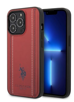 U.S.Polo iPhone 14 Case Pro PU Leather with Stitched Lines Double Line & Horse Logo - Red  - Image 5