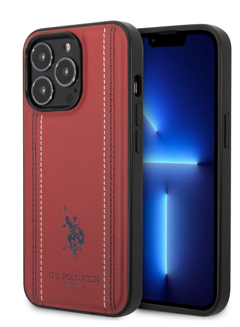 يو اس بولو جراب iPhone 14 Pro مصنوع من جلد البولي يوريثان مع خطوط مخيطة وخط مزدوج وشعار حصان - أحمر - Image 5