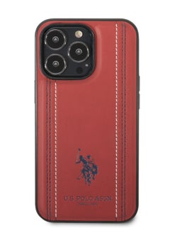 U.S.Polo iPhone 14 Case Pro PU Leather with Stitched Lines Double Line & Horse Logo - Red  - Image 2