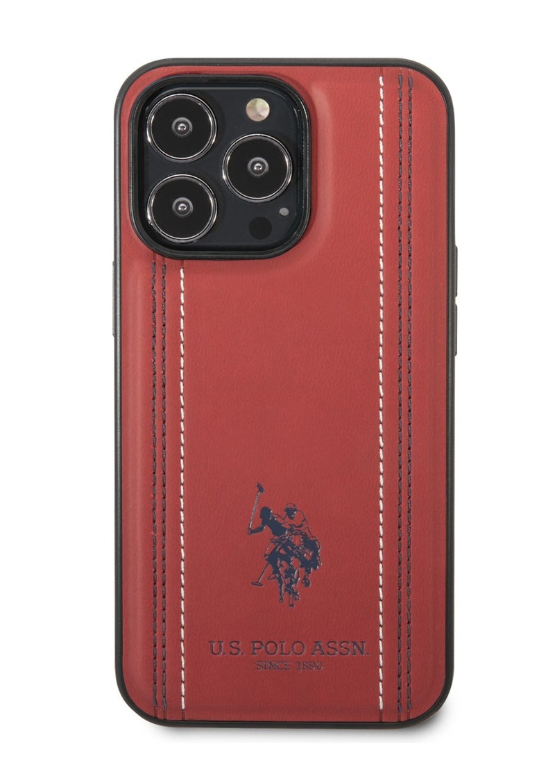 يو اس بولو جراب iPhone 14 Pro مصنوع من جلد البولي يوريثان مع خطوط مخيطة وخط مزدوج وشعار حصان - أحمر - Image 2